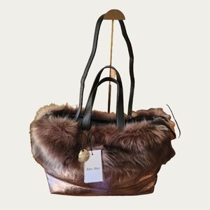 ALEX.MAX Chic Faux Fur Trimmed Metallic Bronze Puffer Tote NWT